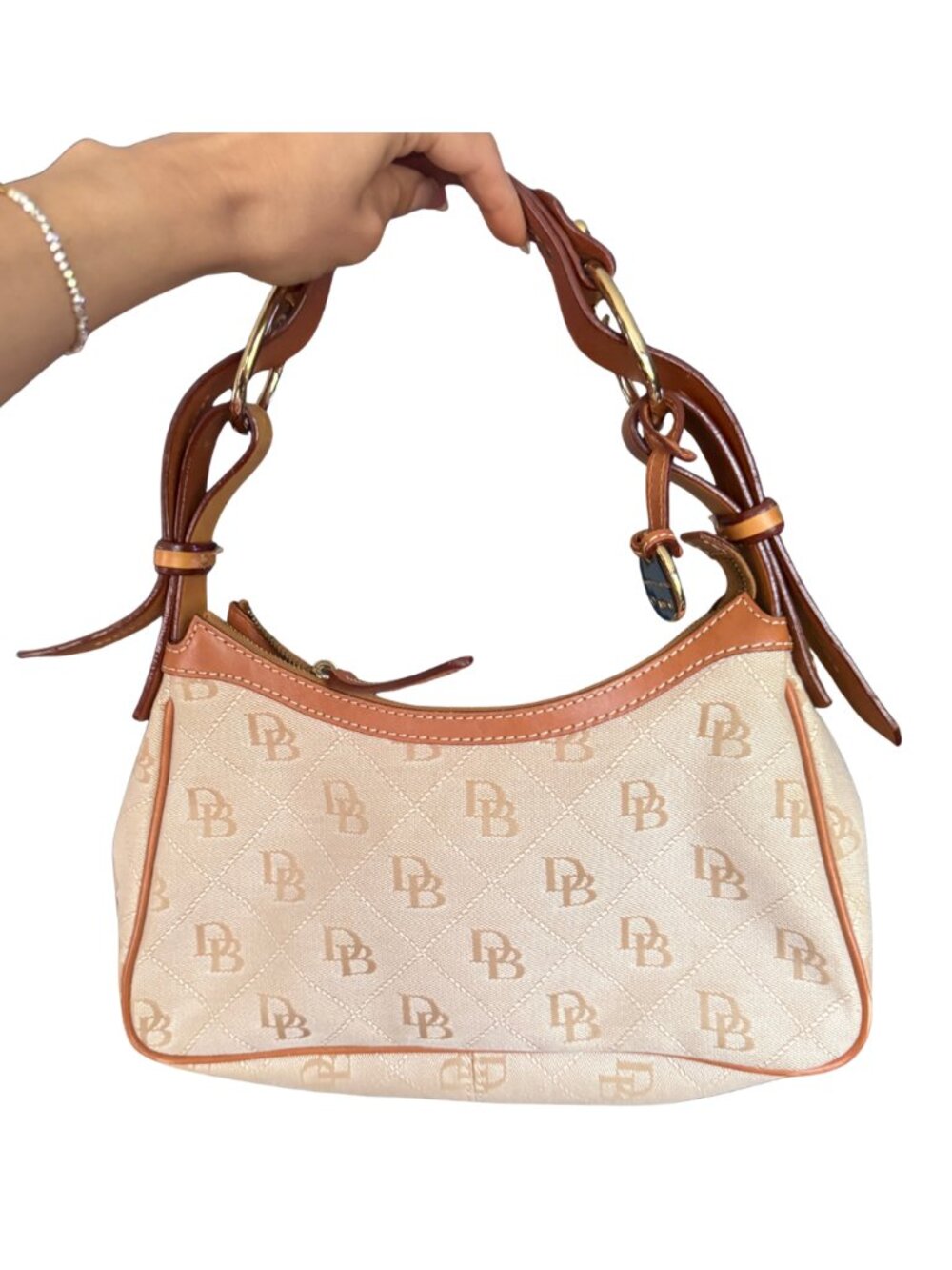 Dooney & Bourke DB Monogram Canvas Hobo Bag Tan Leather Y2K Shoulder Purse